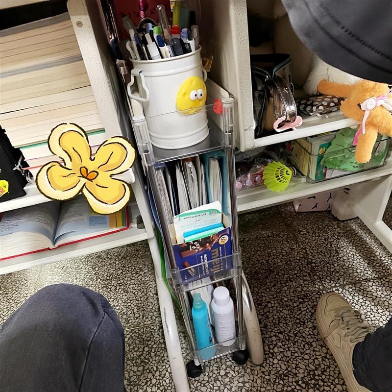 Mesa de armazenamento de livros exclusiva para estudantes, espaço de armazenamento lateral, carrinho multicamadas, Rack