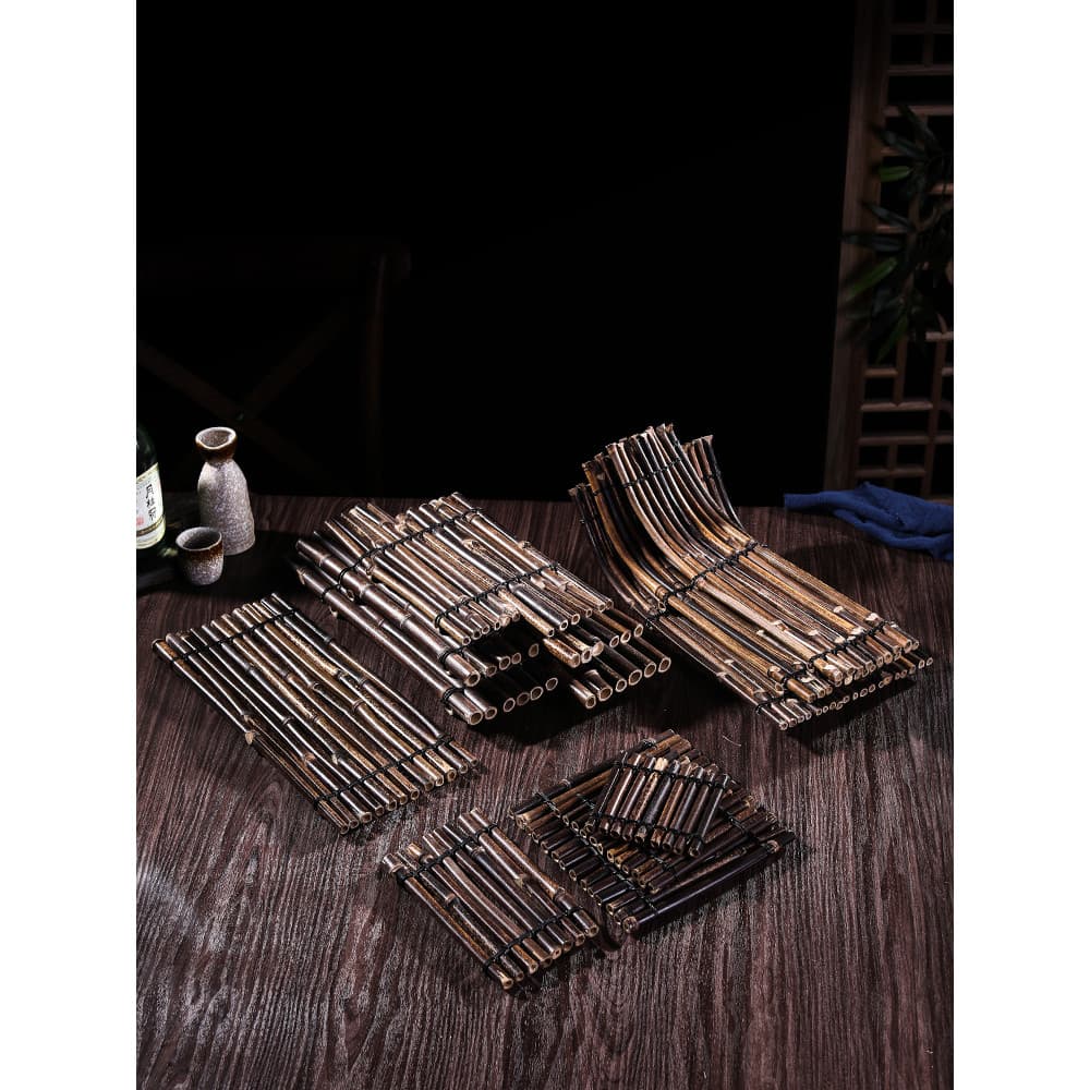 Arranjo Sashimi japonês decoração fileira de bambu cerca de bambu prato de churrasco japonês pequenos ornamentos frutos