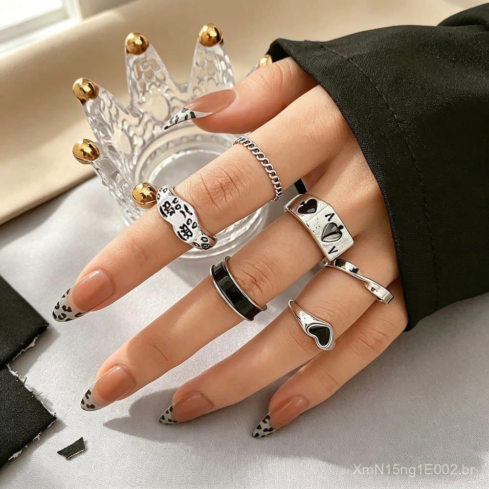 Anel Conjunto Prata Brilhante Punk Elegante Ajustável Uso Casual Premium