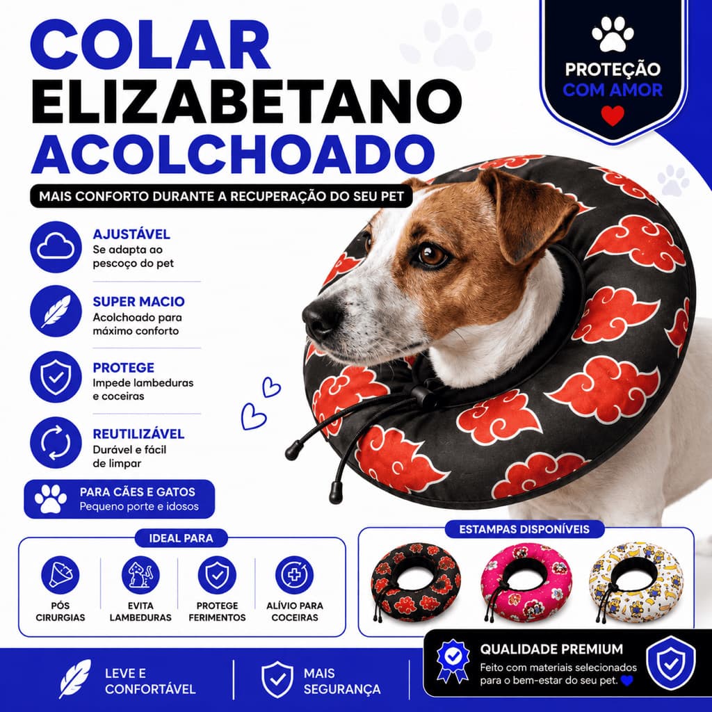 Colar Elizabetano Acolchoado Regulável Cães e Gatos