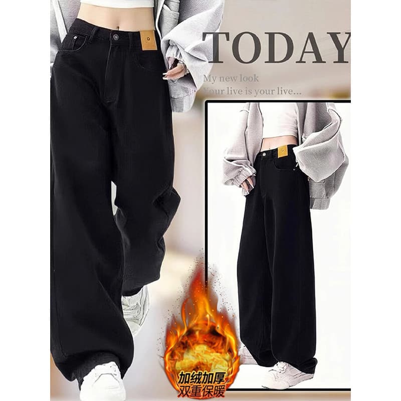 Americano Retro preto calças de brim retas feminino inverno mais veludo plus Size gordura mm forma pêra cintura alta cap