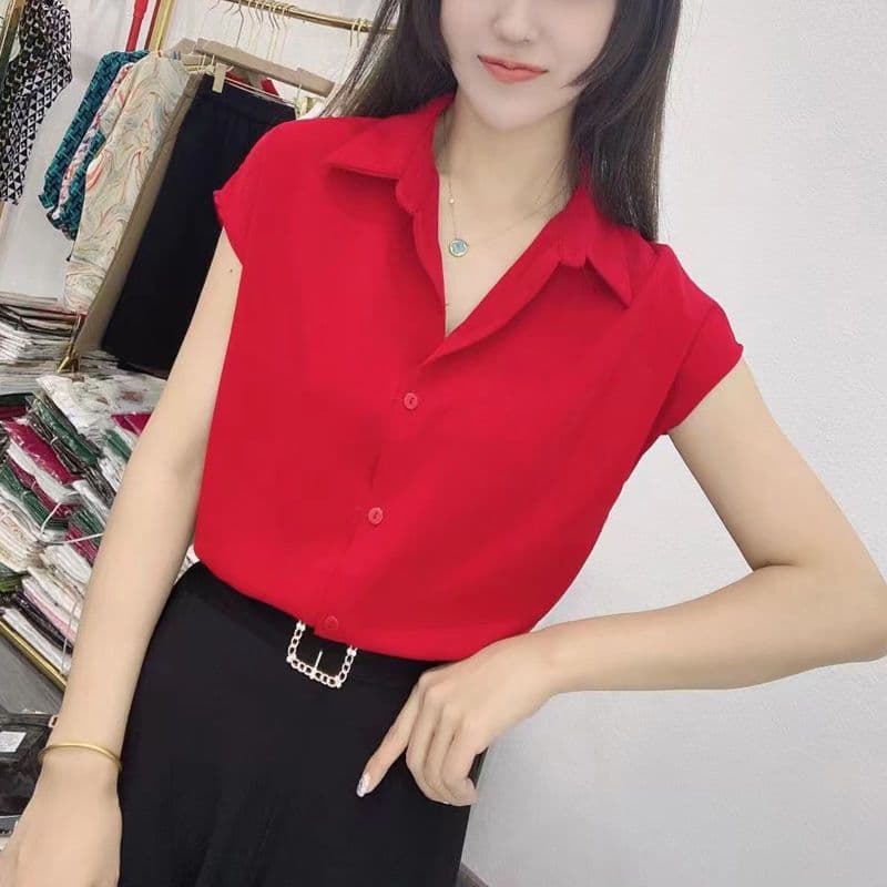Estilo geral lapela vermelha camisa de manga curta feminina verão novo estilo moda All-Match mais magro olhar elegante C