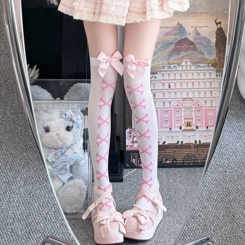 Meias japonesas Lolita Bow Knee Rosa jk Preppy Style Girl Sweet Socks