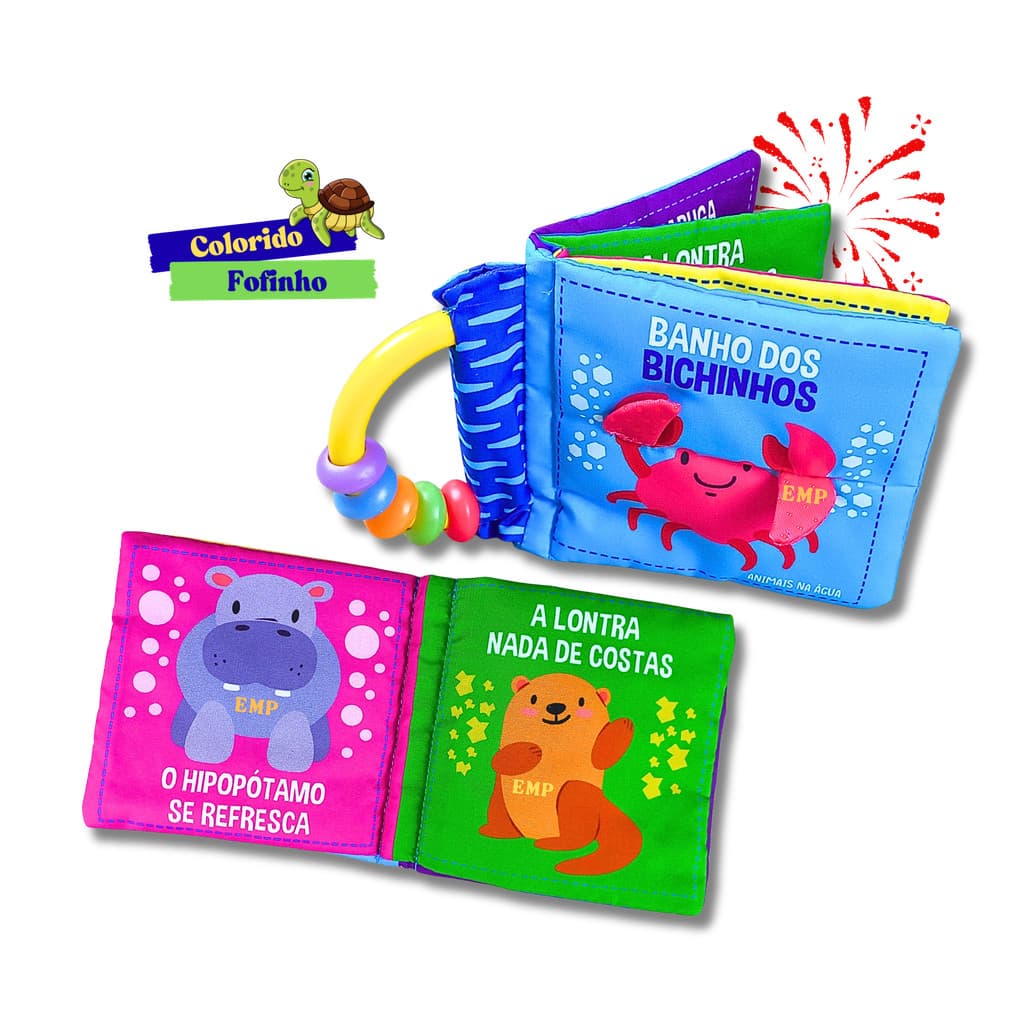 Livro Infantil de Pano com Chocalho - O Banho dos Bichinhos