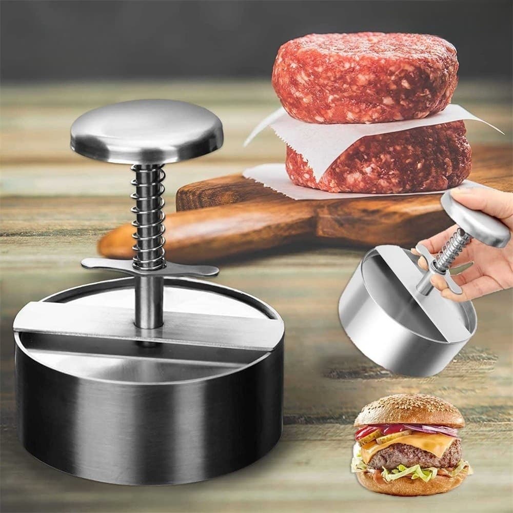 Prensa de Hambúrguer Ajustável em Aço Inoxidável com Moldes Antiderrapantes para Carne e Patty