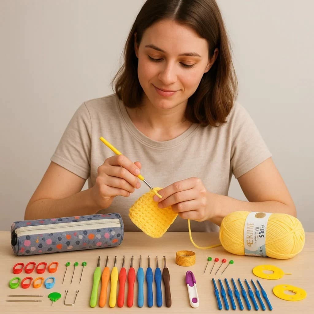 Kit Crochê Premium Completo com Estojo Agulhas de Crochê e de Renda Tesoura Algodão Paassador de fio Fita Dedal Lanmax
