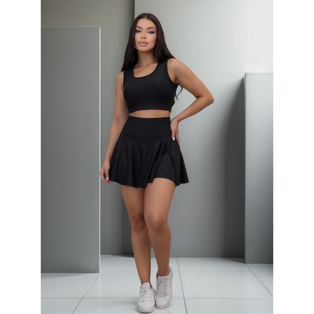 Conjunto Short Saia Top Com Bolso Academia Suplex Feminino