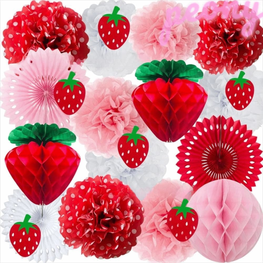 Peônia 22 Peças De Pompons De Tecido De Morango , Flor De Papel Vermelho E Rosa , Acessórios Favo De Mel