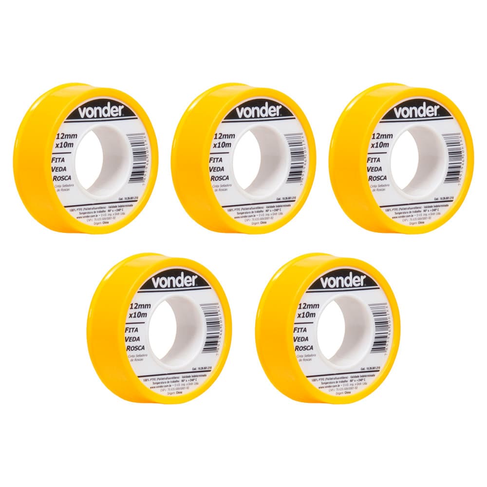 Kit 5 Fitas Veda Rosca Vonder 12mm x 10m C/ Estojo Protetor