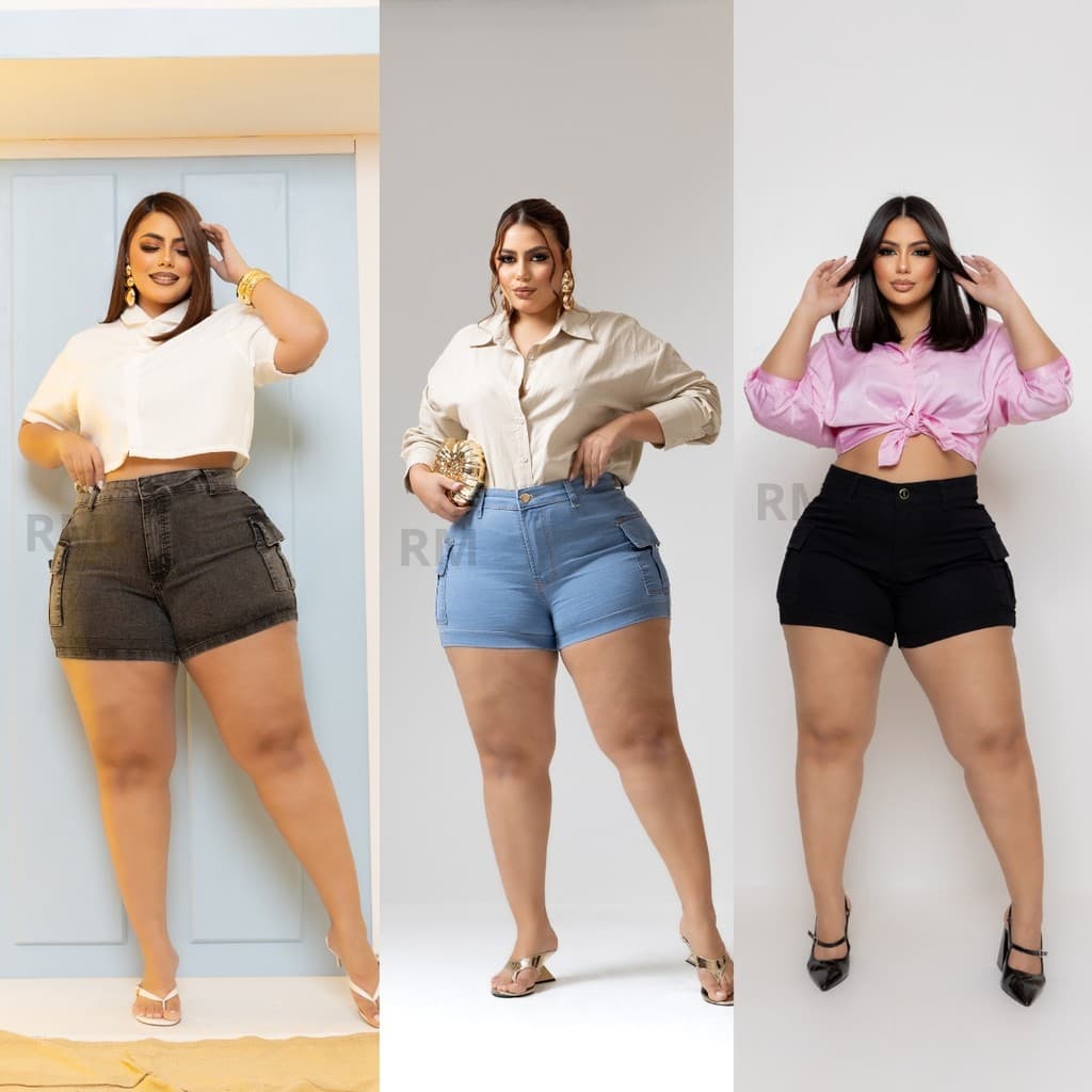 ROUPA FEMININA SHORT JEANS FEMININO CARGO PLUS SIZE C/ LYCRA