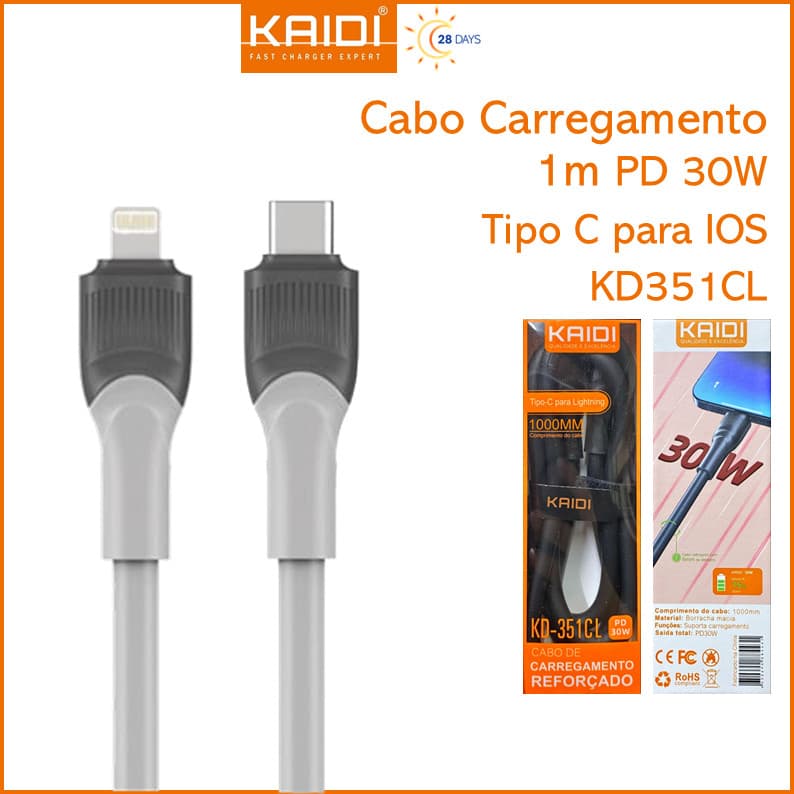 Cabo de Carregamento Reforçado PD 30W Tipo C para Lightning iPhone 1000mm Kaidi KD-351CL
