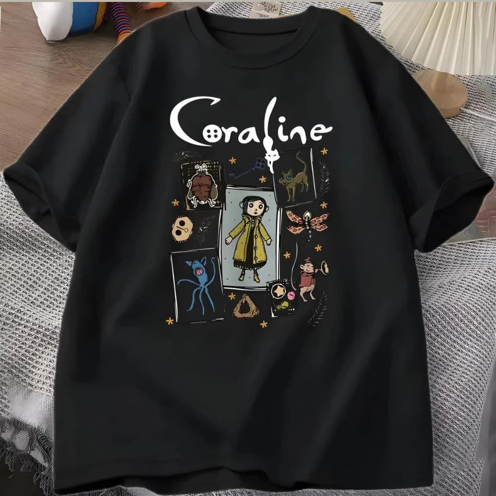 Camiseta Feminina Casual Estampa de Desenho Animado 100% Algodão Unissex Coraline Filme Terror Geek