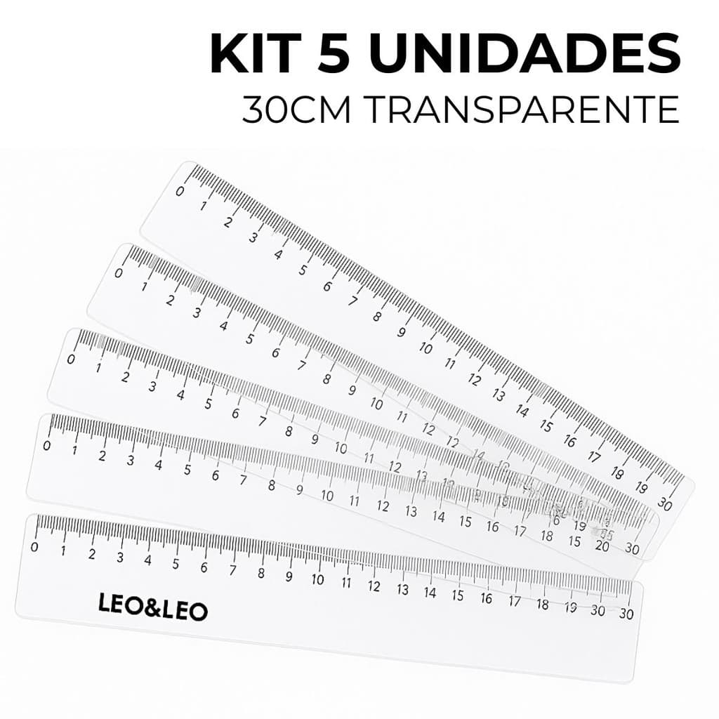 Kit 5 Regua 30cm Transparente Plástico Resistente Escolar Escritorio Leo Leo