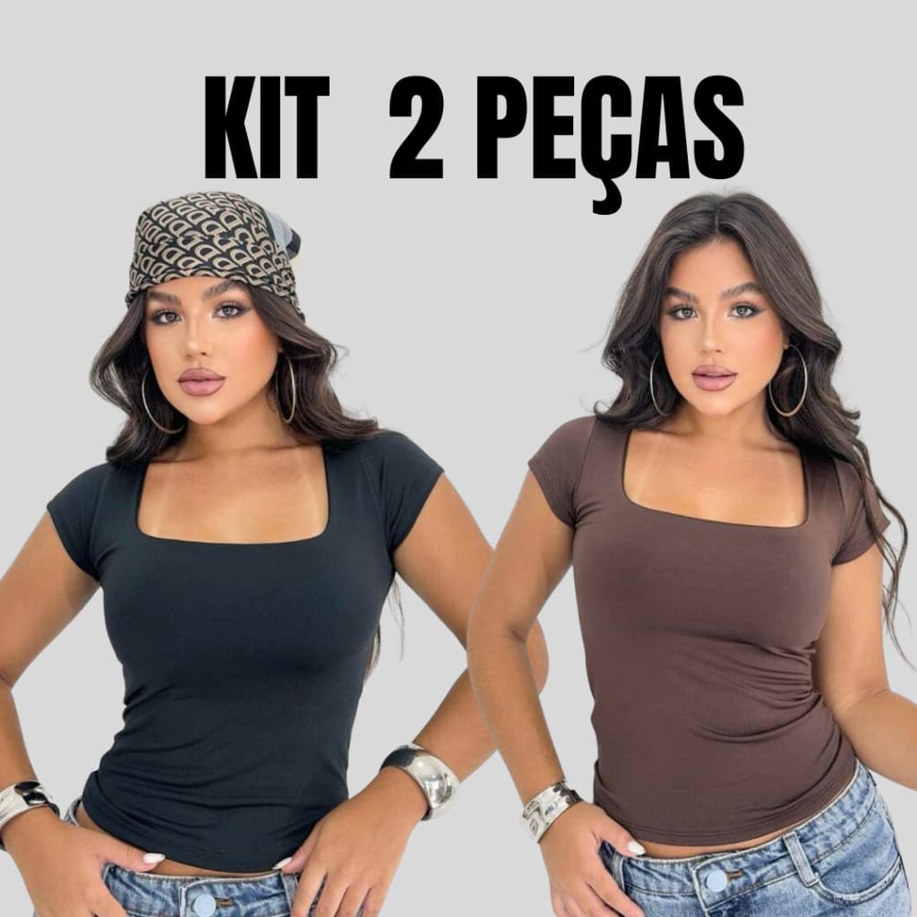 Kit Baby Tee Blusinha Manga Curta Decote Quadrado Forro Duplo Malha Suplex