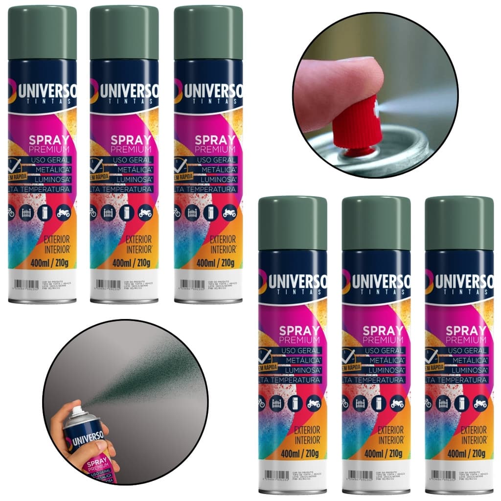 Kit 6 Tintas Spray 400ml Verde Escuro Uso Geral Universo Tinta para Pintura Aço Ferro Couro Gesso Cerâmica