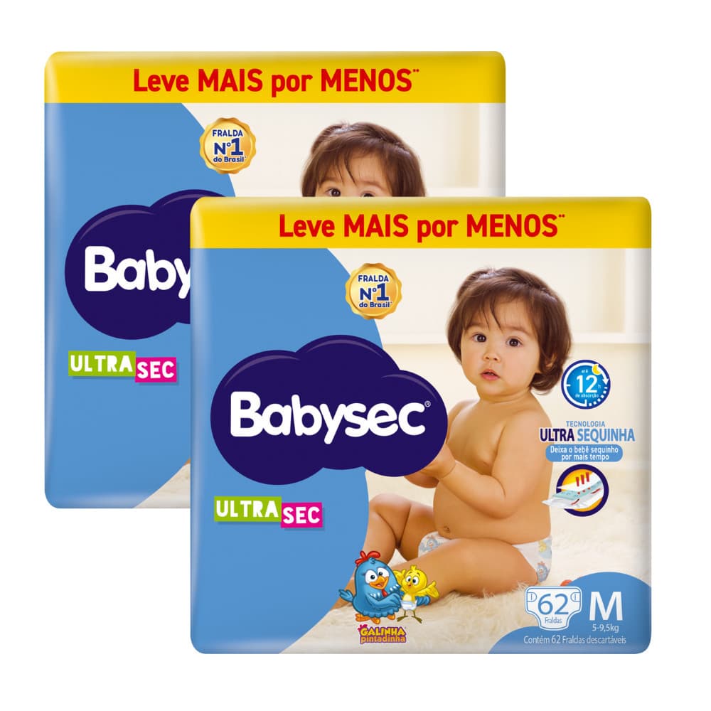 2x Fralda BabySec Hiper M 62un Ultrasec Galinha– Proteção por Mais Tempo Leve mais Pague Menos