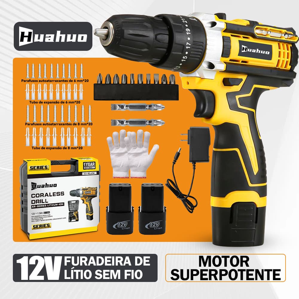 Parafusadeira Furadeira 2 Baterias 12V Sem Fio Impacto Com Maleta Completo