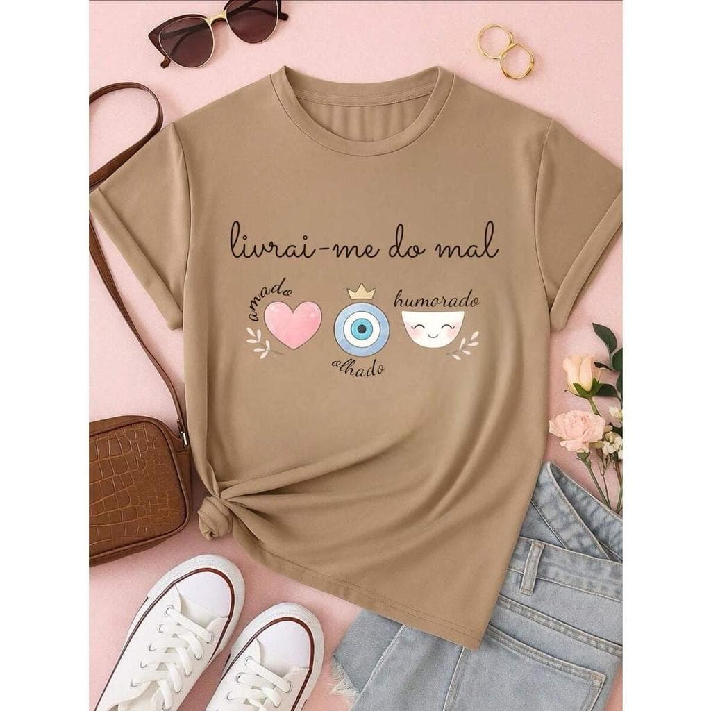 Blusa Feminina Livrai-me do Mal 100% Algodão Camiseta Gospel Evangélica Estampada