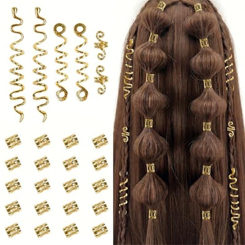 TEBIEKOY 26 Peças De Acessórios De Cabelo Dourados Para Mulheres Loc Joias Tranças De Metal Dreadlock Contas Conjunto De