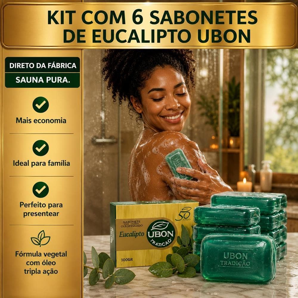 Sabonete em Barra Natural Glicerinado Kit 6 Eucalípto  Ubon 100g Sinta-se Em Uma Verdadeira Sauna