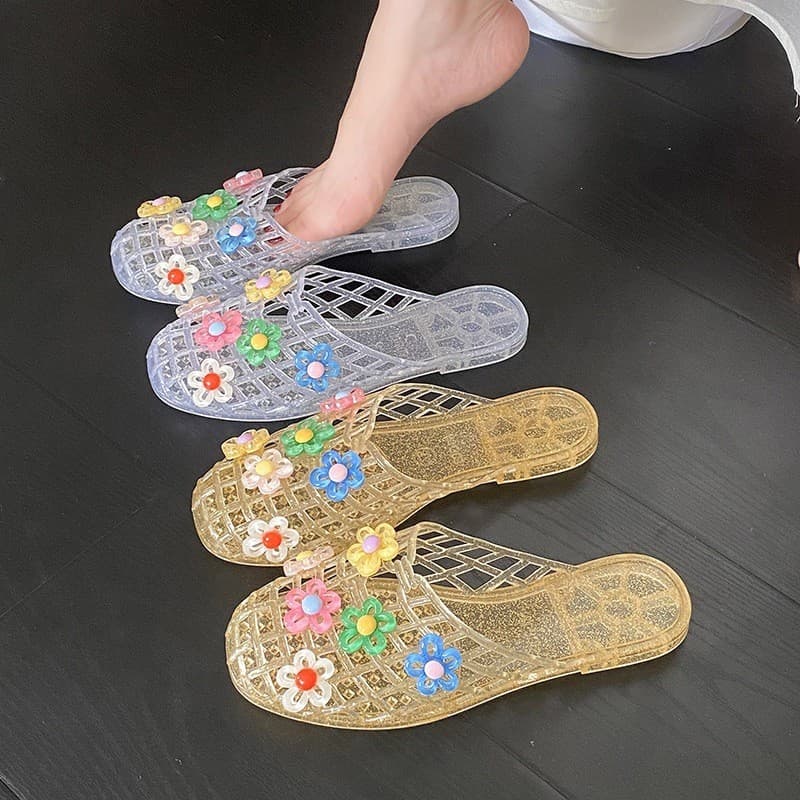 Sapatos de cristal sandálias femininas plana transparente meia-chinelos sapatos exteriores flor geléia sapatos de sola m
