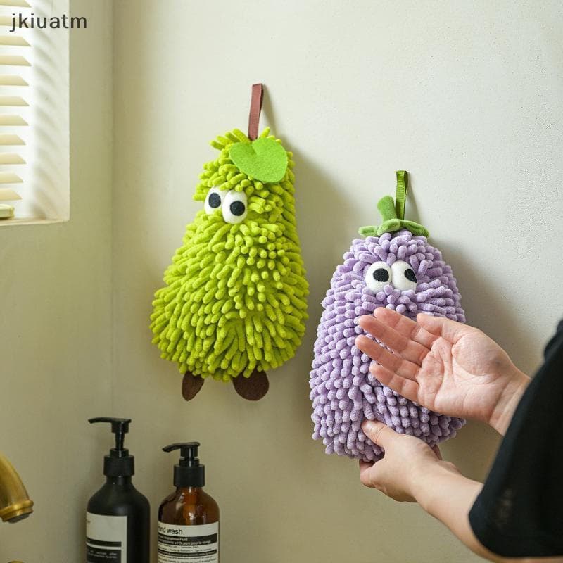 [jkiuatm] Toalha de mão para cozinha e banheiro em formato de banana/morango, tecido chenille, macia e altamente absorve