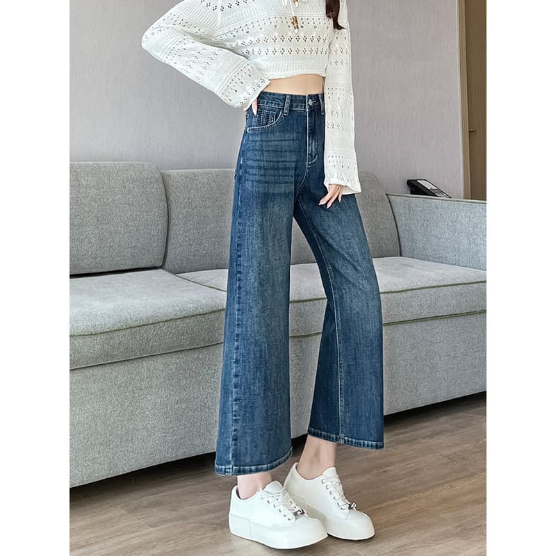 Americano Retro azul pequeno oito pontos estreito Jeans reto feminino primavera novo produto elástico ligeiramente gordo