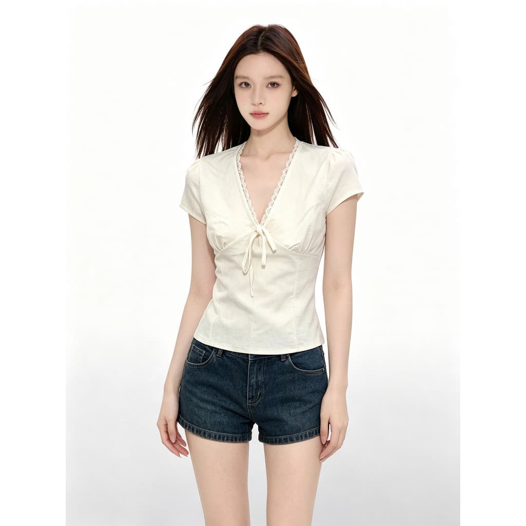 Verão estilo suave renda com decote em V camisa feminina verão arco amarrado manga curta mais magro olhar cintura estrei