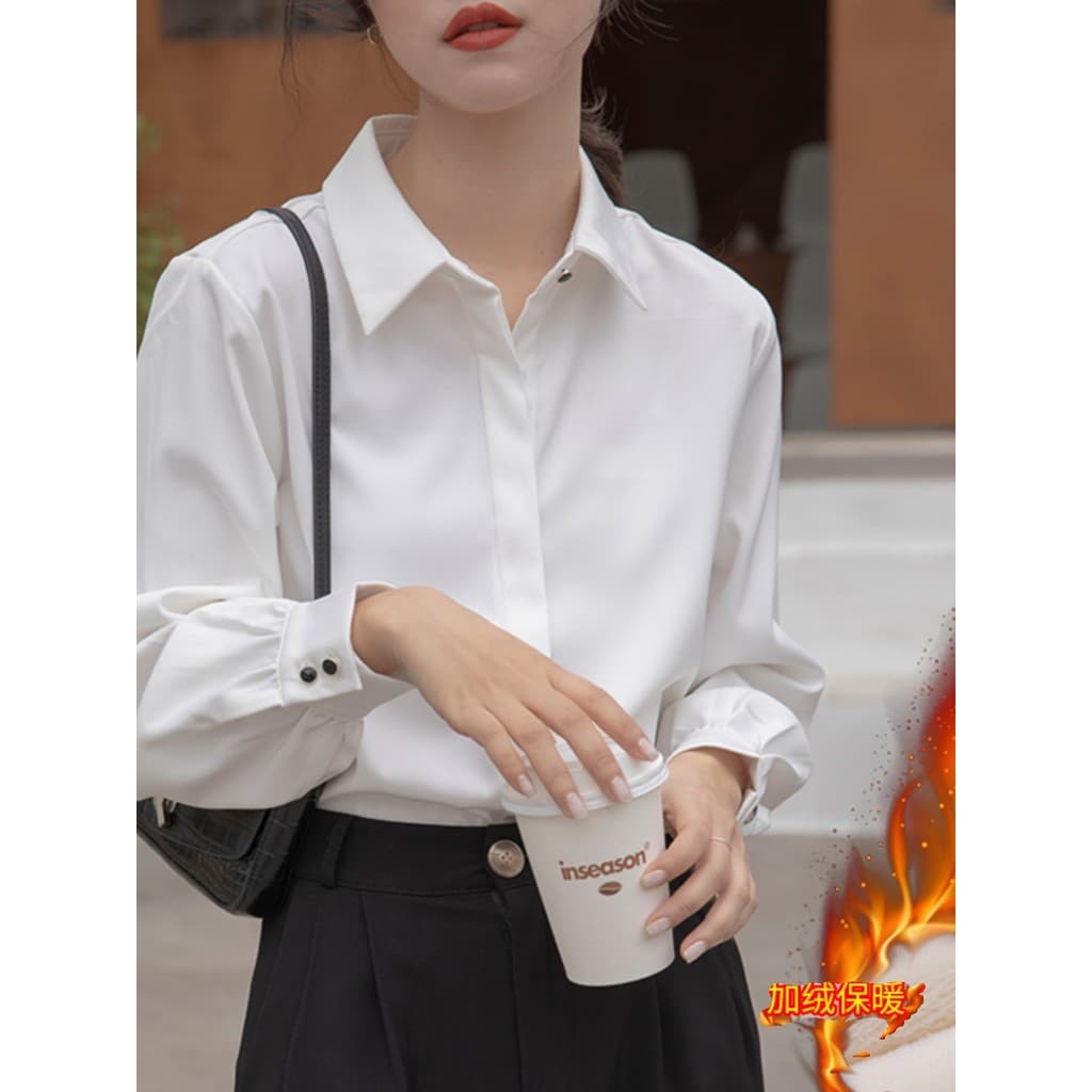Manga lanterna mais veludo engrossado camisa de manga comprida feminina outono inverno temperamento lapela camisa de sal