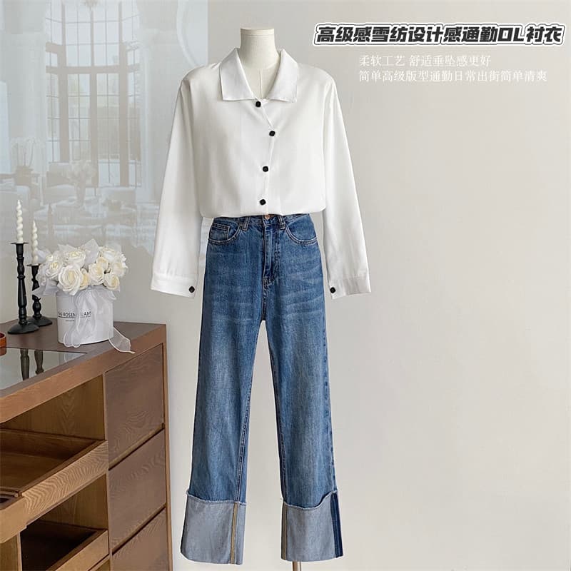 Design sentimento camisa branca feminina outono inverno novo estilo solto manga comprida Drape sentimento All-Match High