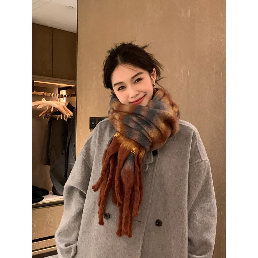 Nismoto lenço vermelho inverno feminino High-End sentir All-Match alongado xadrez quente Mohair cachecol xale