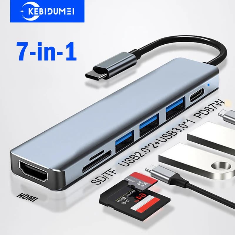 Estação de Acoplamento USB C com 7 Portas, HUB USB C, Adaptador TYPE C para HDMI 4K, HUB USB 3.0 5Gbps, PD 87W, Divisor