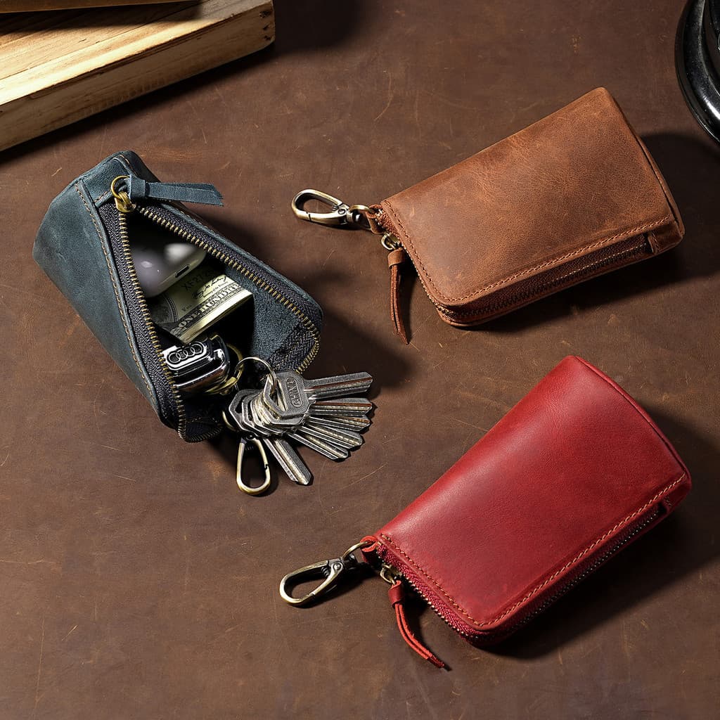 Bolsa De Chave Com Zíper De Couro Genuíno Para Homens E Mulheres , Organizador De Porta De Casa Multiuso Retrô Clipe De