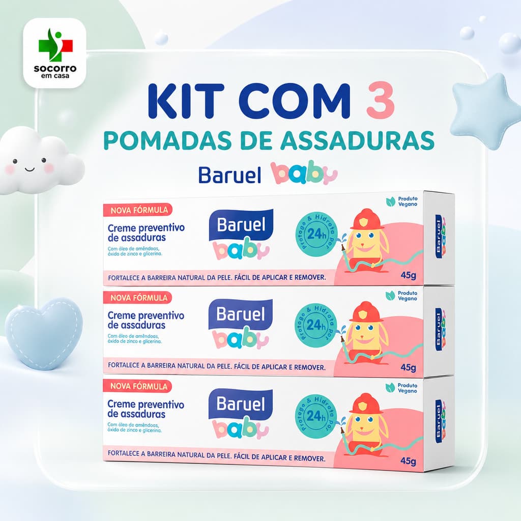 Kit com 3 Pomadas Baruel Baby Creme Preventivo de Assaduras 45g Cada