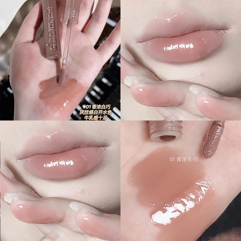 Cor de água fervida branca frágil fria!Chocolate Lip Glaze Mirror Water Gloss Vidro Lip Gloss Batom Cor Nude Simples