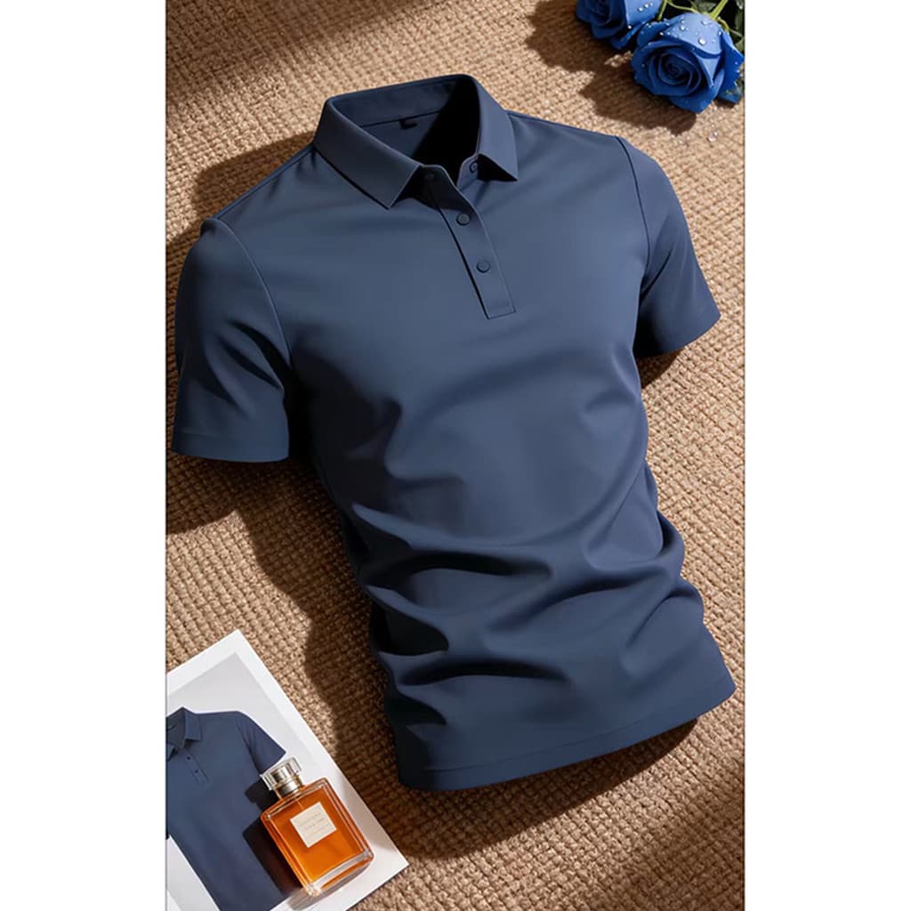 Camisa polo legal de seda gelo azul marinho de manga curta masculina verão sem costura de secagem rápida camiseta americ