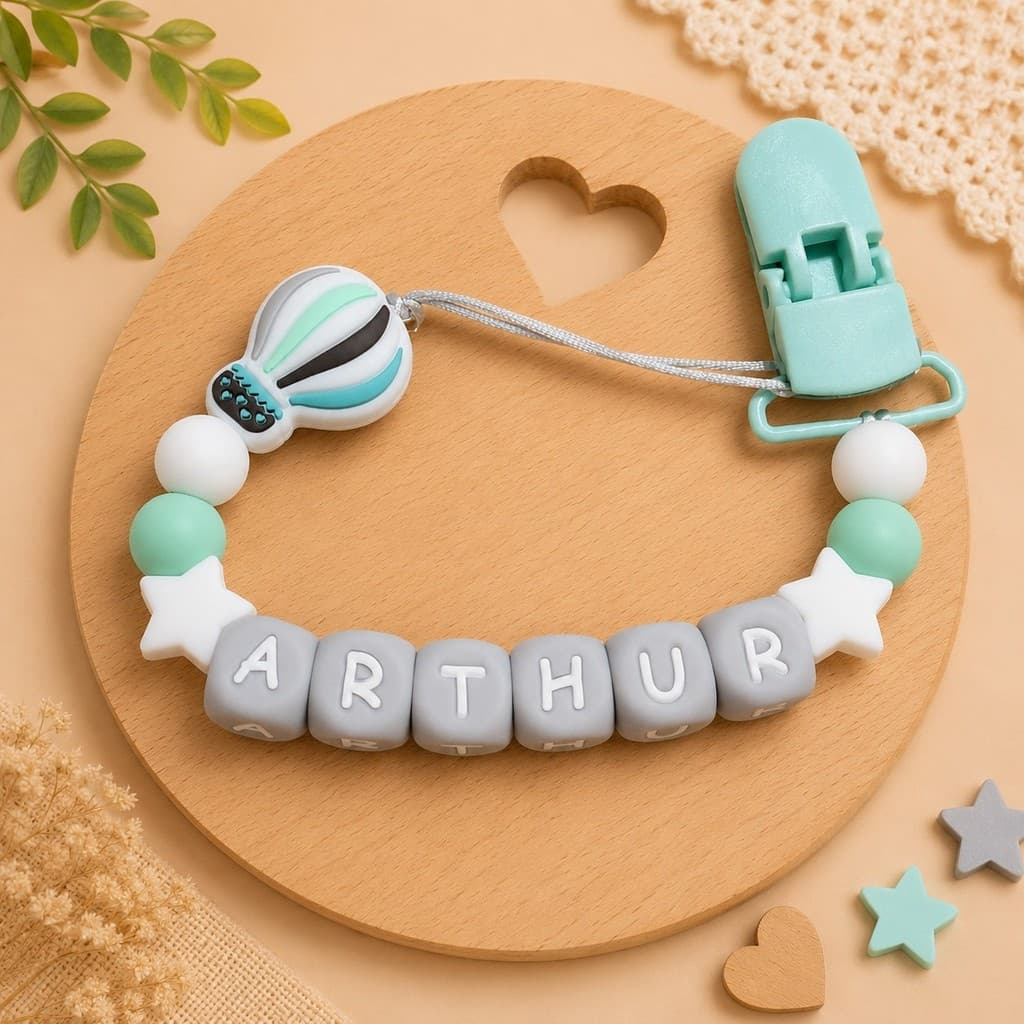 Prendedor de Chupeta de Silicone Macio e Mordedor Personalizado com Nome do Bebê Balão BPA FREE