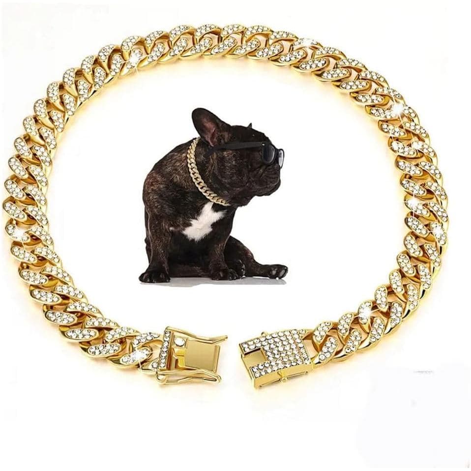 Coleira de Cachorro com Corrente Dourada, Colar de Metal com Strass Brilhantes e Diamantes, Coleira Cubana Brilhante par