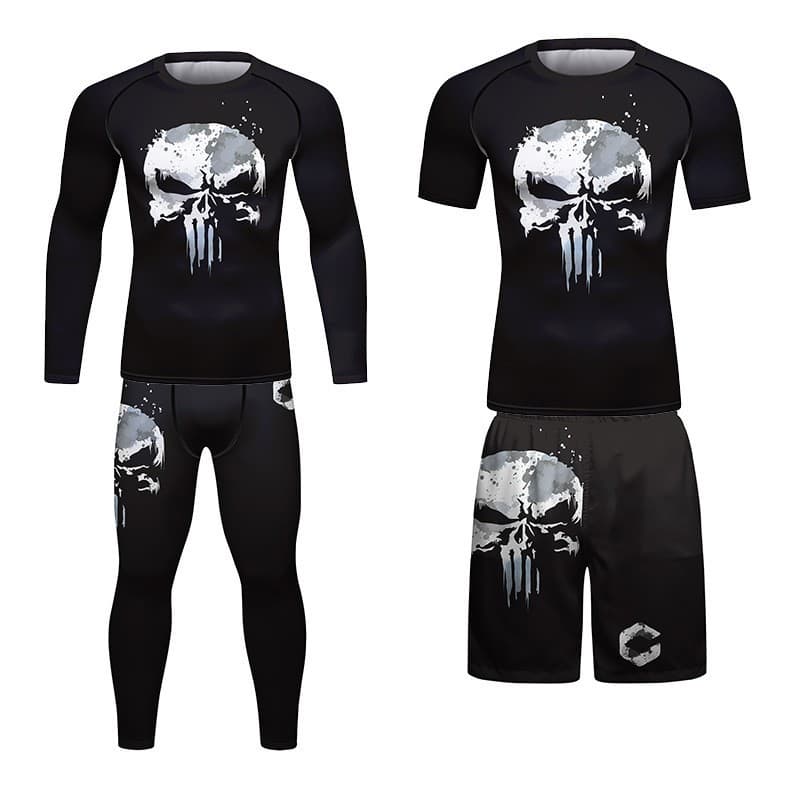 Roupa de fitness justa para homens, conjunto de quatro peças, respirável e que absorve o suor, para corrida ao ar livre