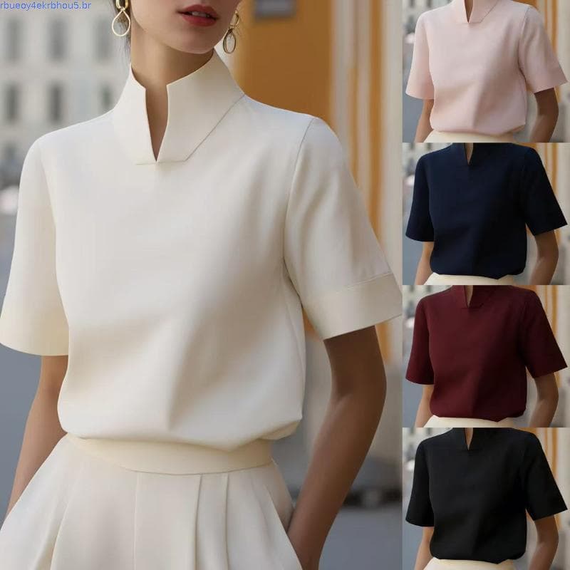 Breathable Blouse Women Shirt Women’s V-neck Stand Collar Loose Fit Pullover Top Soft Stretchy Pure Color Wear Comfort