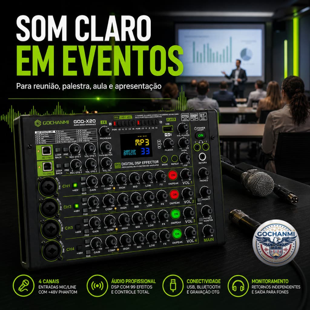 Mesa de Som 4 Canais GQD-X20 Interface de Áudio USB OTG para Transmissão ao Vivo