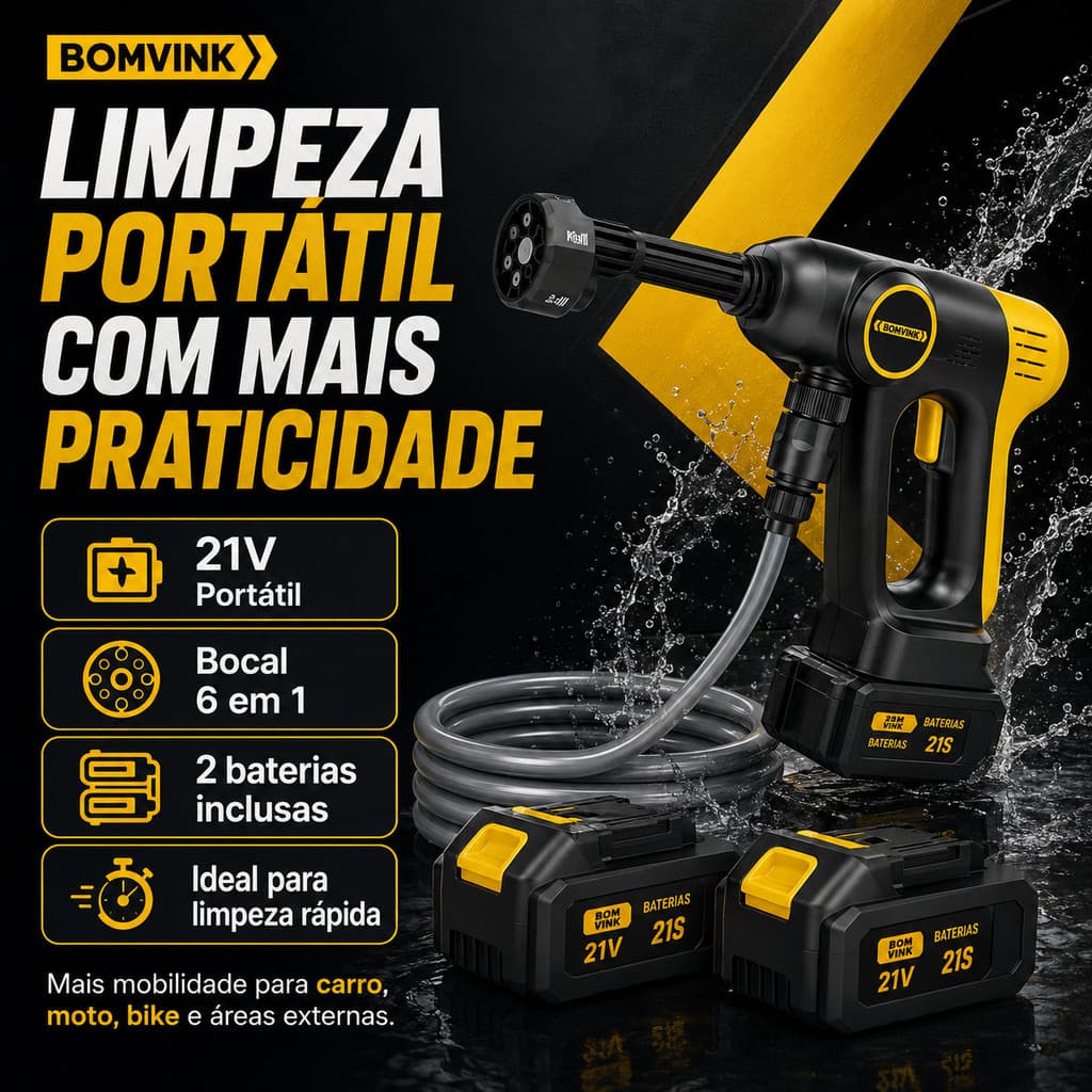 Lavadora de Pressão Portátil 21V com 2 Baterias, Mangueira 5m, Bocal Multifuncional 6 em 1