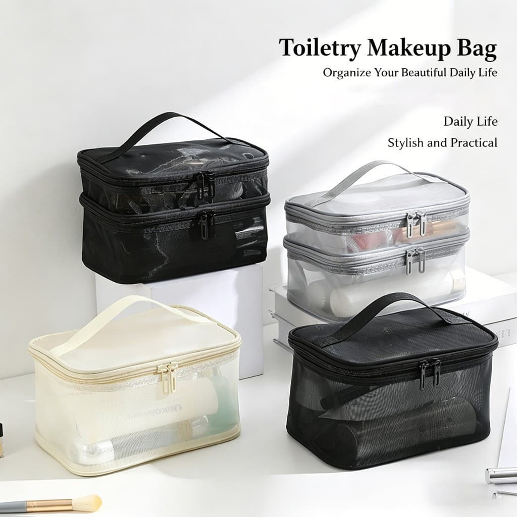 Bolsa Cosmética De Malha De Grande Capacidade-Armazenamento Portátil De Produtos De Higiene Pessoal Para Viagens