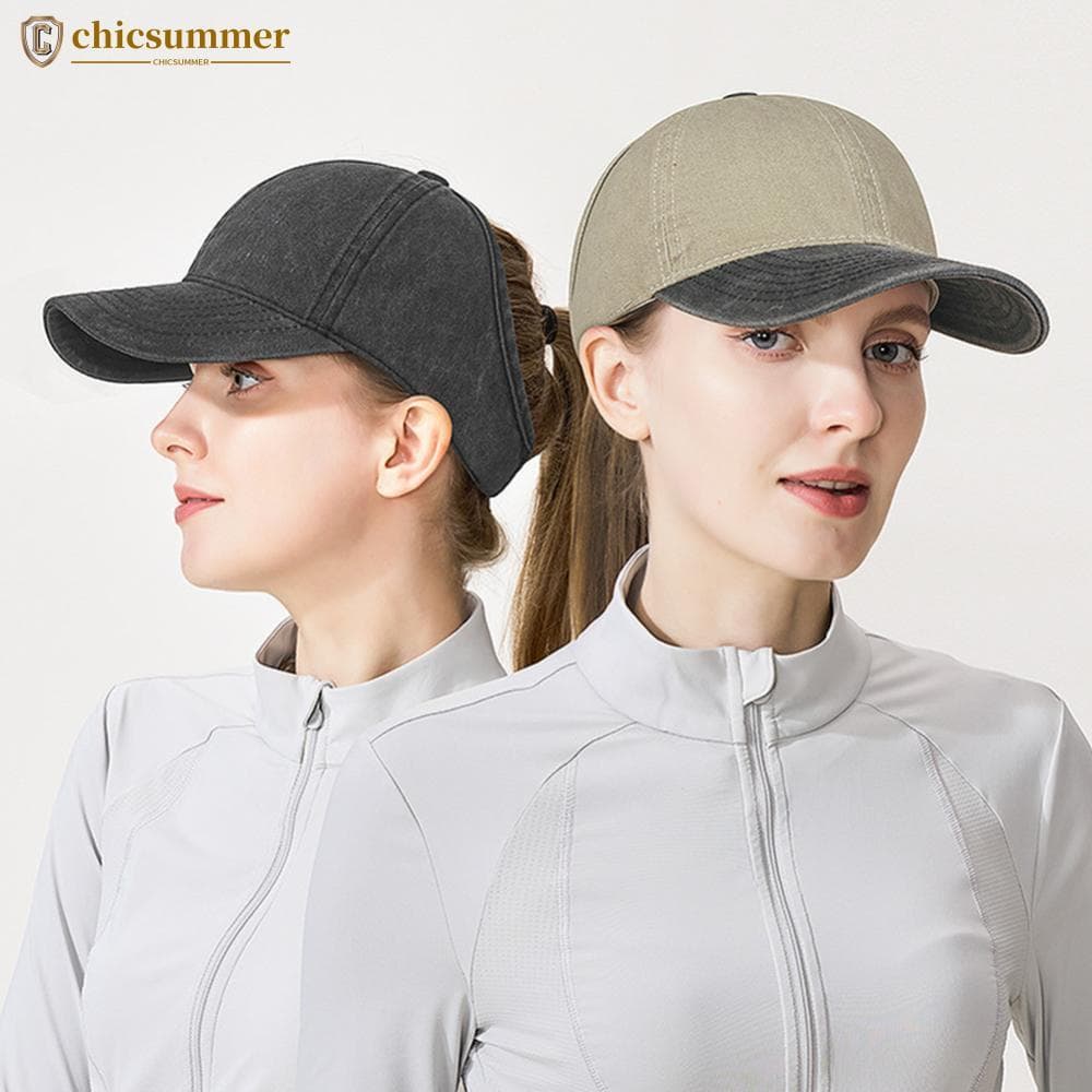 CHICSUMMER Boné De Beisebol Feminino De Algodão Lavado Com Rabo De Cavalo Alto , Proteção UV , Costas Vazadas , Acessóri