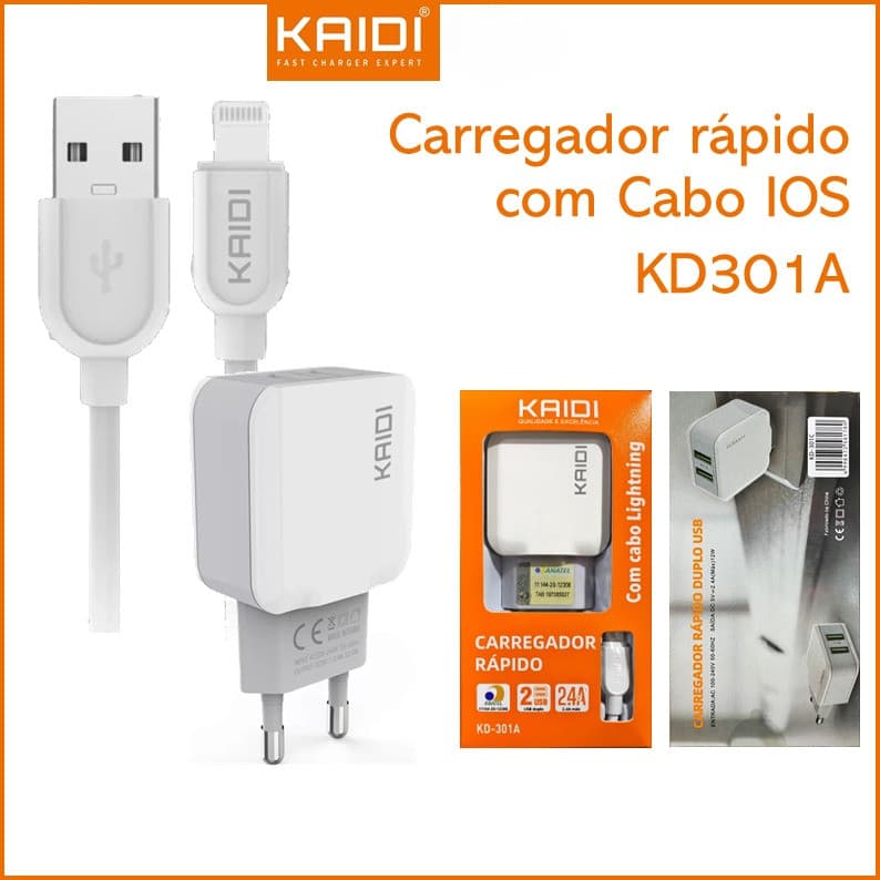 Carregador Cabo e Fonte 2 saídas Carga Rápida 2.4A Saída USB para Lightning iPhone 1m KAIDI KD-301A