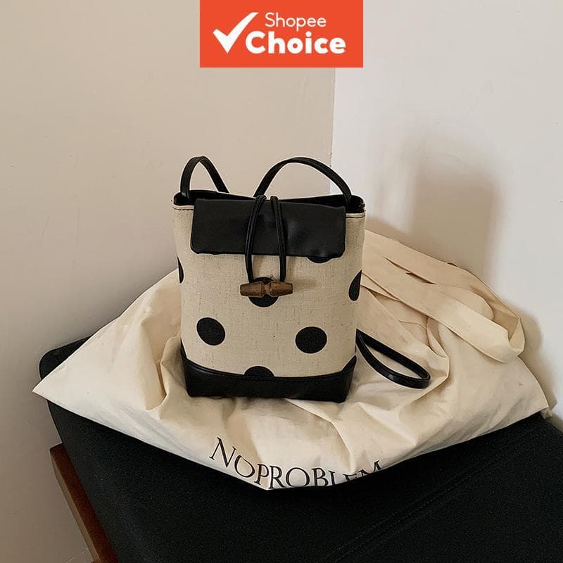 Bege Bolsa Balde em Lona com Estampa de Bolinhas | Aba em PU com Fecho de Madeira, Bolsa Tiracolo Vintage para Mulheres