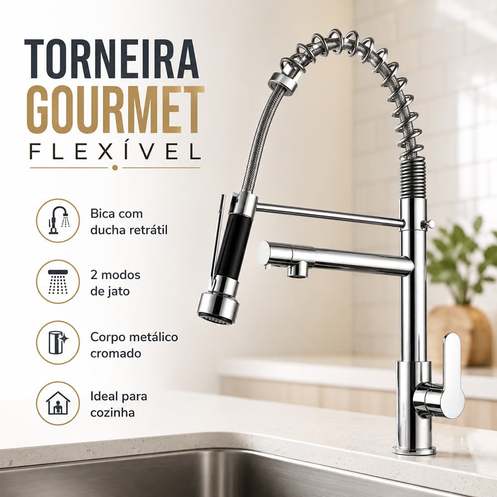 Torneira Gourmet Cromada Cozinha Mola Flexível 2 Jatos Bica Móvel Água Fria Pia Cuba Moderna