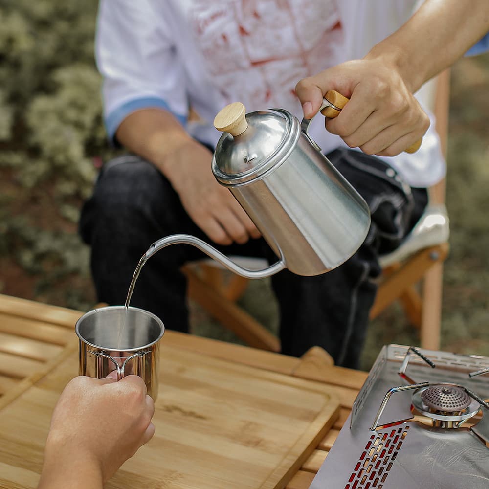 Caminhadas ao ar livre acampamento alça de madeira cafeteira aço inoxidável mão cerveja chá Shochu pote alça de madeira