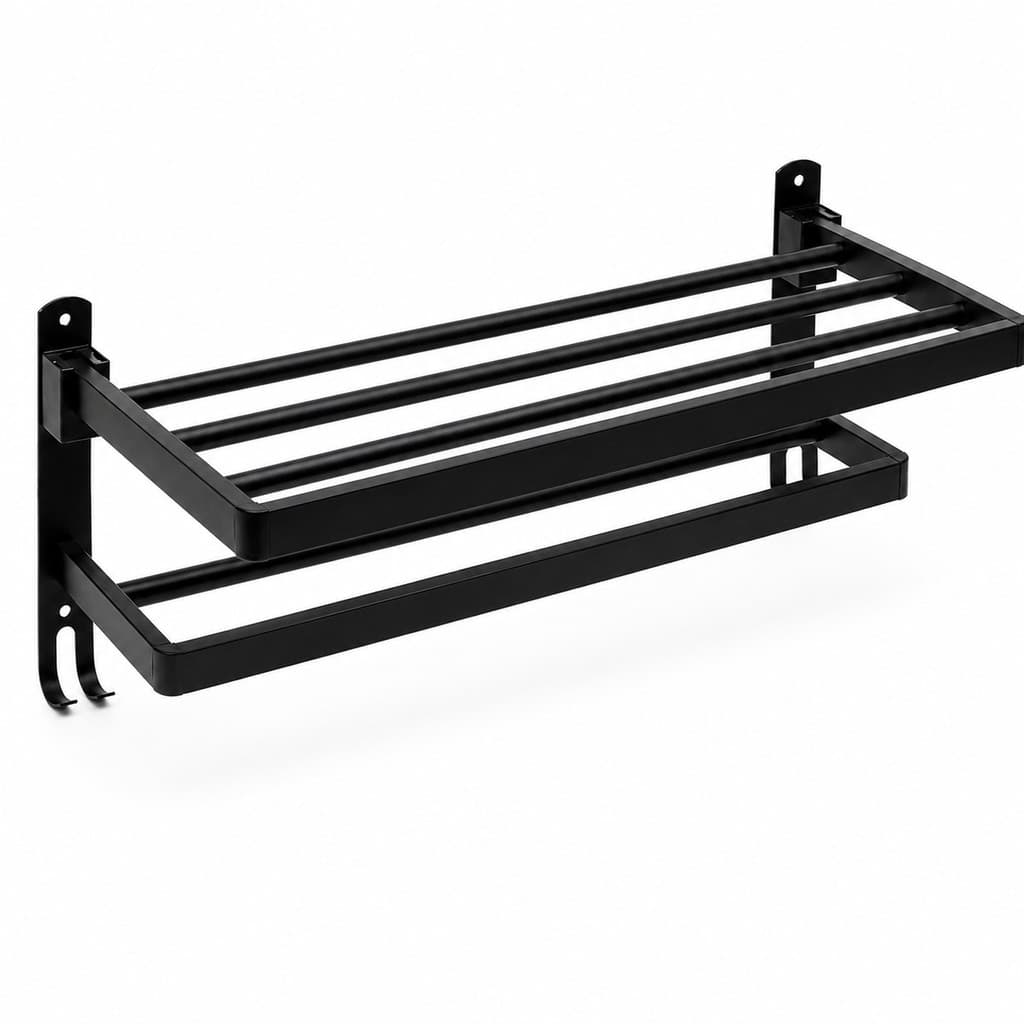 Toalheiro Prateleira Banheiro Aço Carbono Preto Parede Duplo Suporte Toalha Ganchos Organizador 47cm