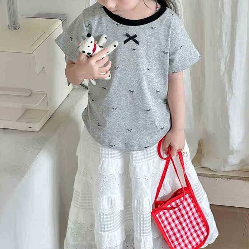 Meninas manga curta arco impressão completa camiseta verão crianças em torno do pescoço topo